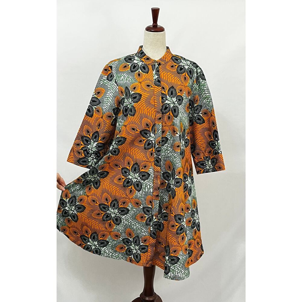 ZURI Kenya Sz L Large Orange Green Caravan Print Cotton Shirt Dress 3/4 Slv